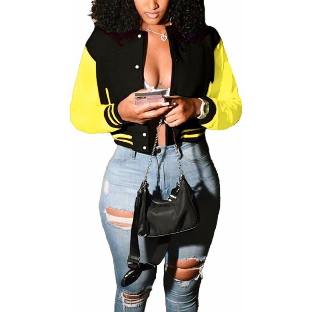 Women's Varsity Long Sleeve Button Down Bomber Jacket Streetwear Black Yellow